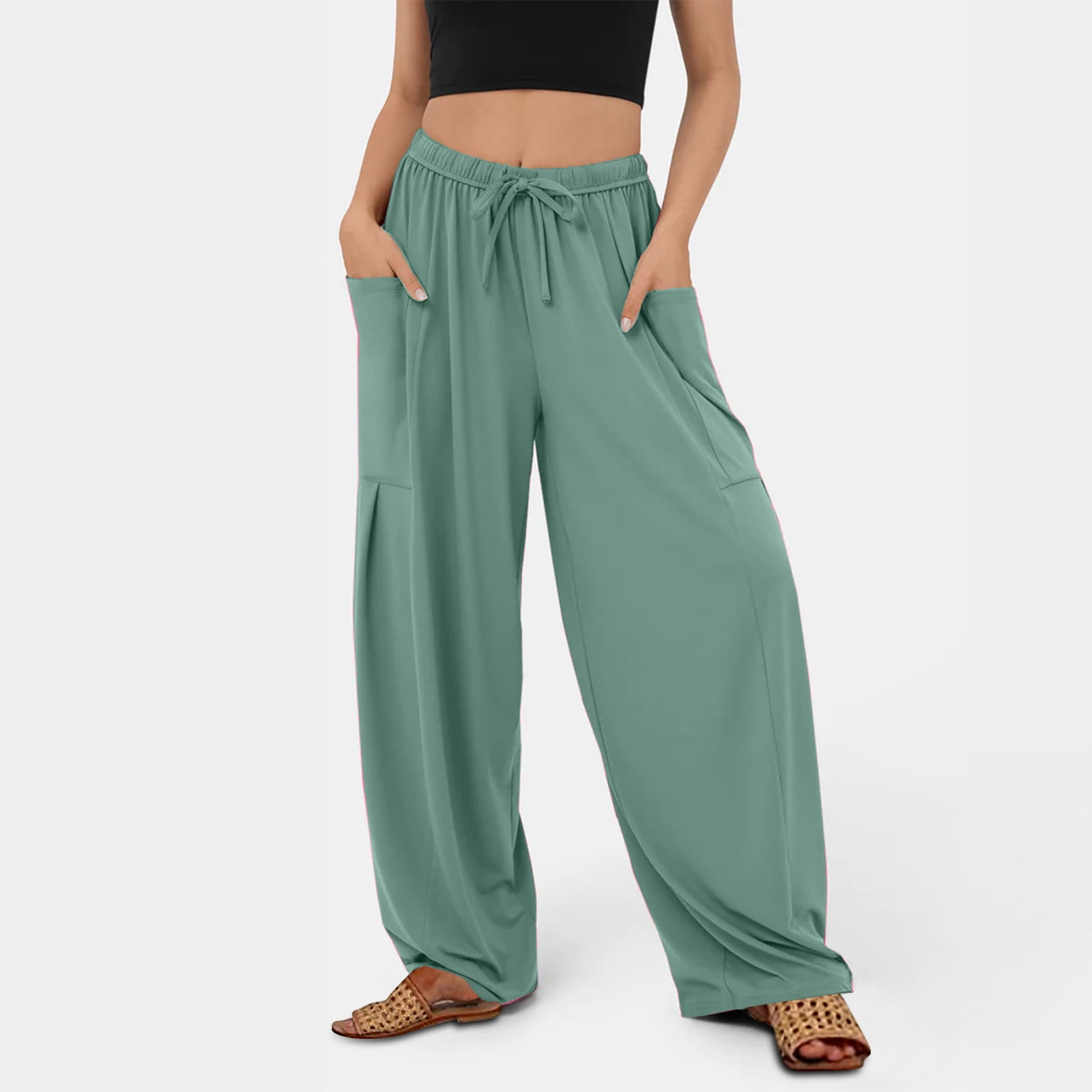 MIVAMIYA Palazzo Pants for Women Comfy Linen Drawstring Wide Leg Lounge  Pants Plus Size Yoga Pajama Trousers S-3XL