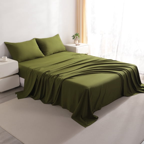 Lorviah 4 Piece Bamboo Sheet Sets Queen Size - Cooling, Breathable & Ultra soft Bedding - Includes Deep Pocket Fitted Sheet, Flat Sheet & Pillowcase - Army Green
