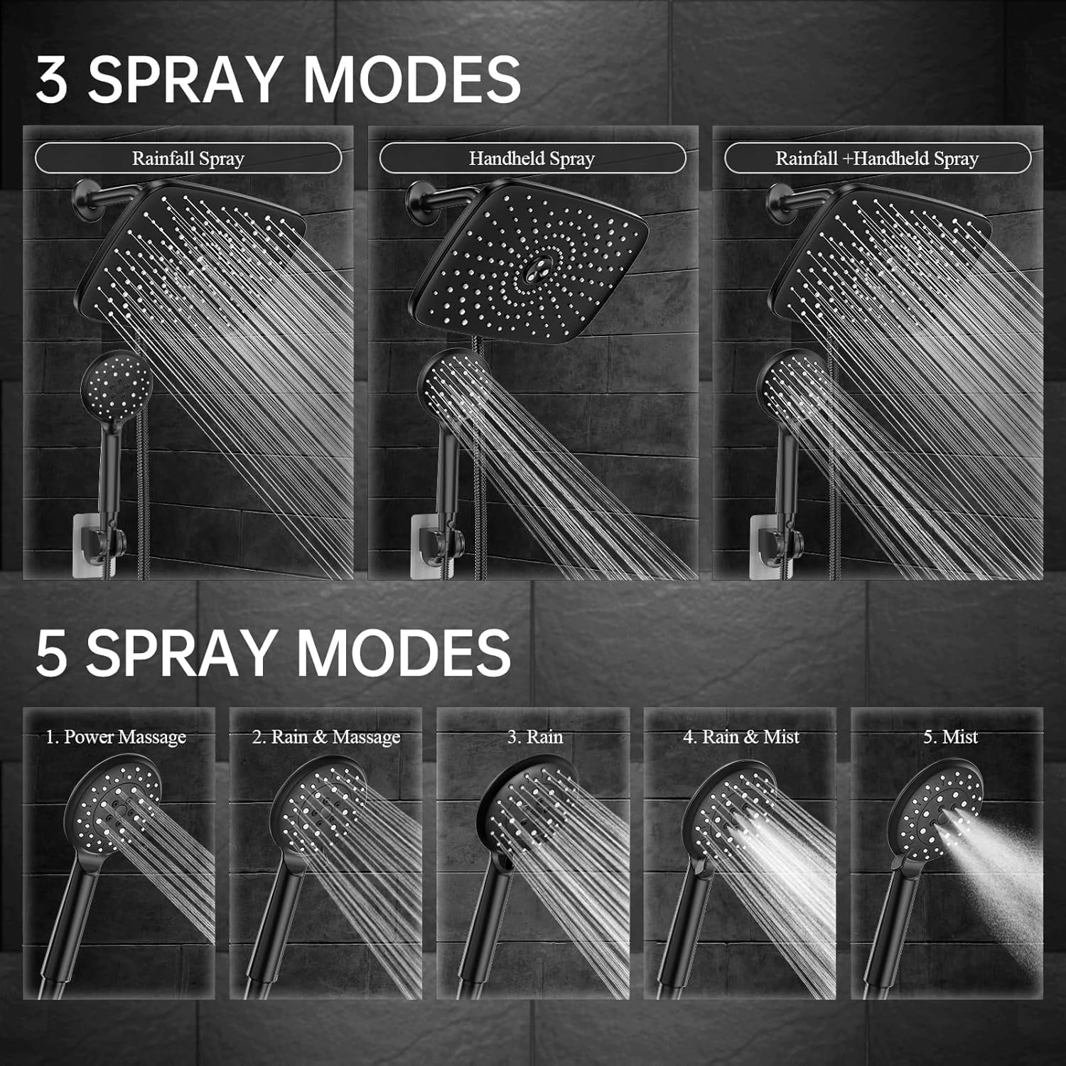 11.8 Inch Rain Shower Head with Handheld- High Pressure Dual Shower Heads with 5 Modes Handheld Spray Combo- Wide Rainf Showerhead with Hose, Bathroom Accessories, Matte