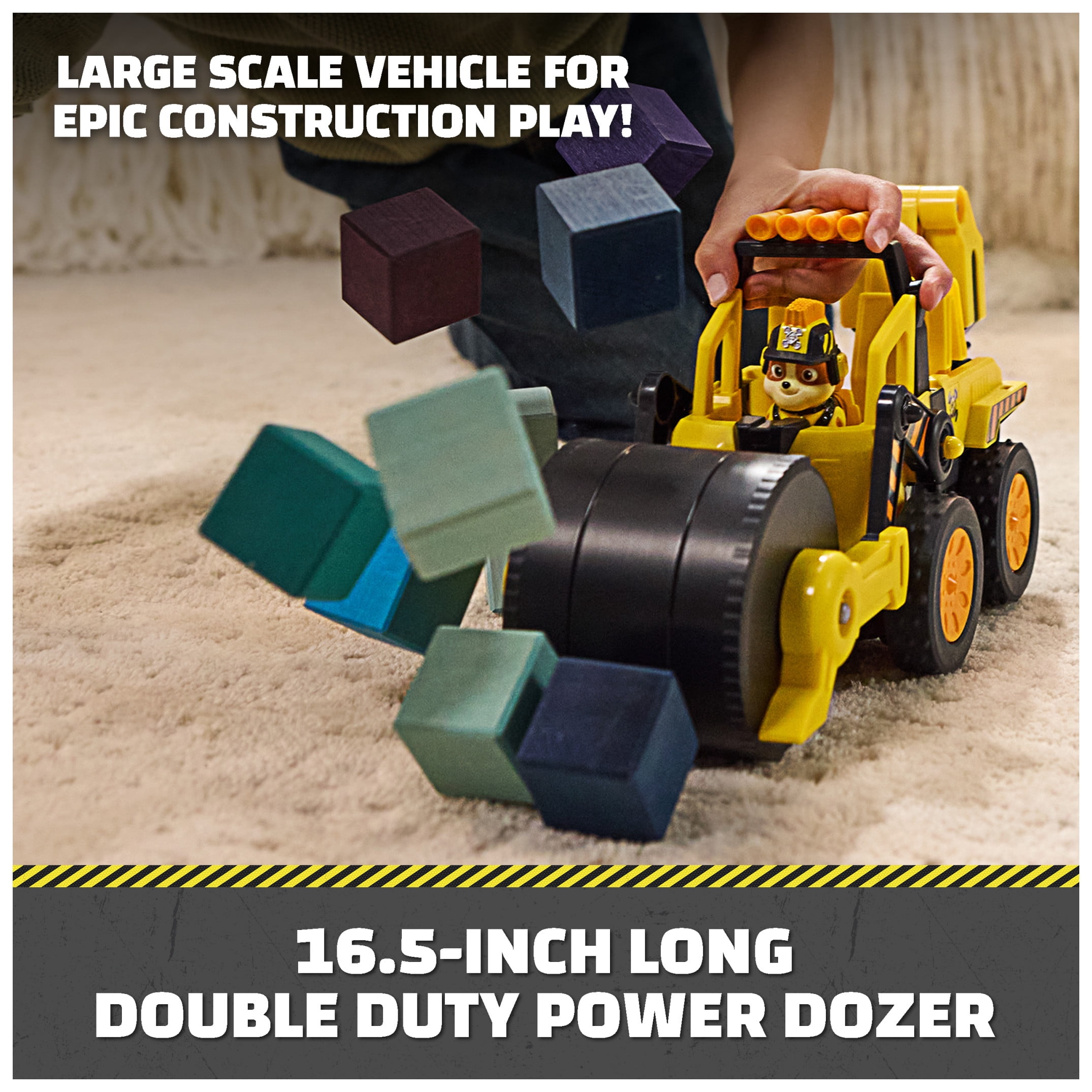 Rubble & Crew Rubble Double Duty Power Dozer, Toy Car Bulldozer with 2-in-1 Roller to Plow Action & Working Wheels, Preschool Toys for Kids Ages 3+