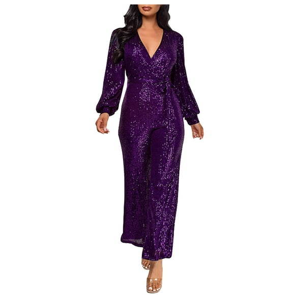 Fall Savings! SROBPTY Womens Casual Jumpsuits, Women's Solid Color High-Waisted Long Sleeve-Neck Off-The-Shoulder Sequin Slim Long Sequin Romper Purple, L