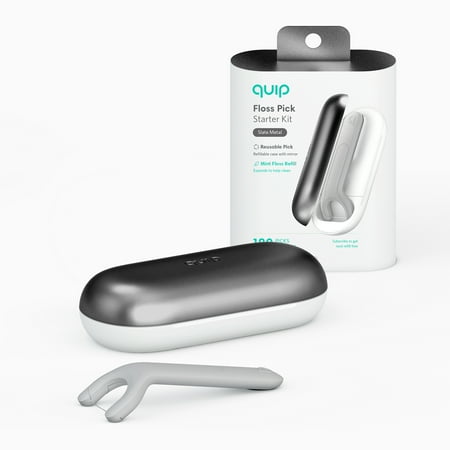 quip Floss Pick Starter Kit, Reusable Floss Pick + Case with Mirror + Mint Floss Refill, Slate Metal