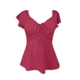 thumbnail image 4 of JIAYUE Women's Shirts Fashion Summer Short Sleeve With Drawstring V-Neck Tie Design Casual Solid Color Tee Female Trendy Tops, 4 of 5