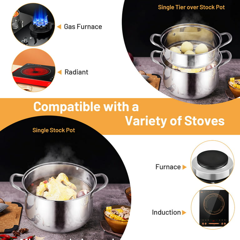 Costway 9.5 QT 2 Tier Stainless Steel Steamer Pot Cookware Boiler w/  Tempered Glass Lid 