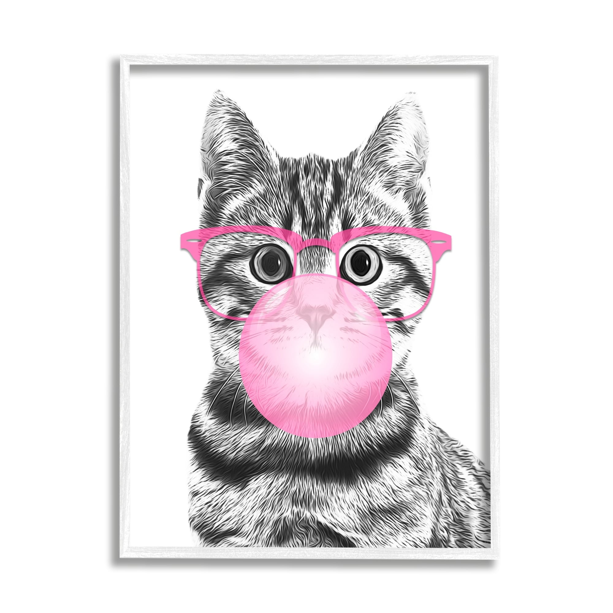 Stupell Industries Adorable Cat Bubble Gum Pink Glasses Monochrome Illustration , 11 x 14, Design by Annalisa Latella