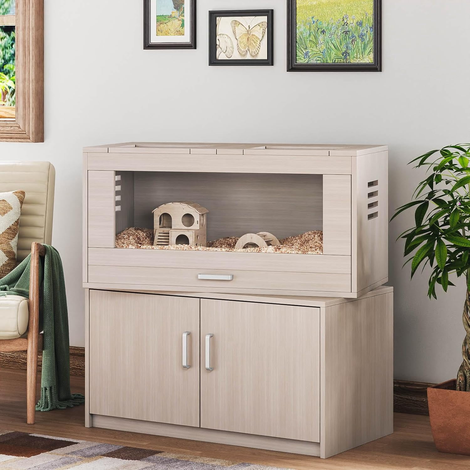 Large Big Wooden Hamster Cage, Hamster Habitat with Split Storage Cabinet &amp; Drawer, Guinea Pig Cage with Openable Top, Rat Gerbil Hedgehog Small Animal Cage
