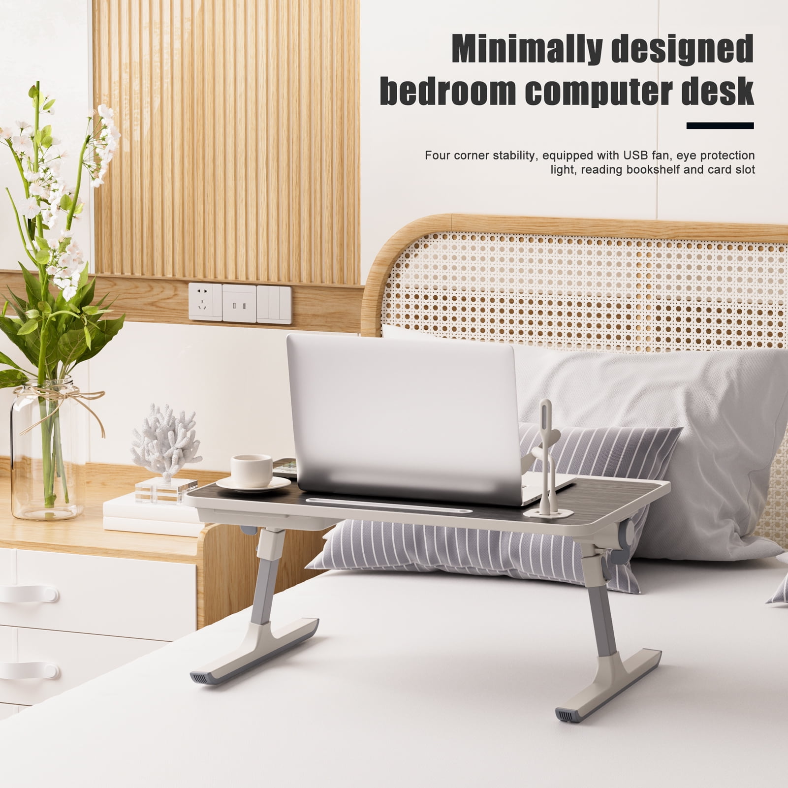 Nanly Foldable Laptop Bed Tray Desk, Heights and Angles Adjustable Laptop Bed Table with USB Fan and Small Lamp Portable Laptop Stand for Eating, Working, Writing in Sofa Couch Floor