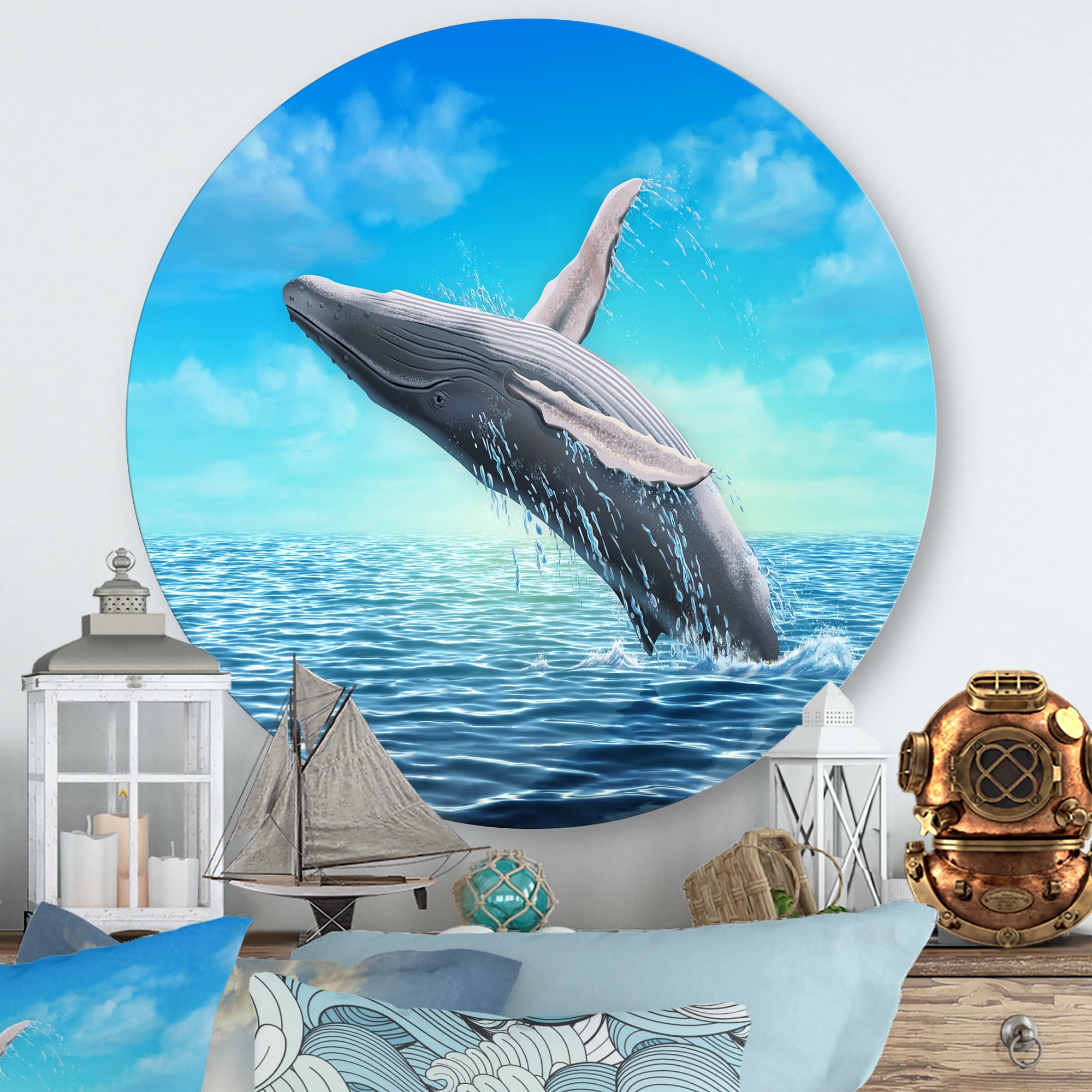 Designart 'Humpback Whale Jumping Out of Sea' Farmhouse Circle Metal Wall Art 11x11 - Disc of 11