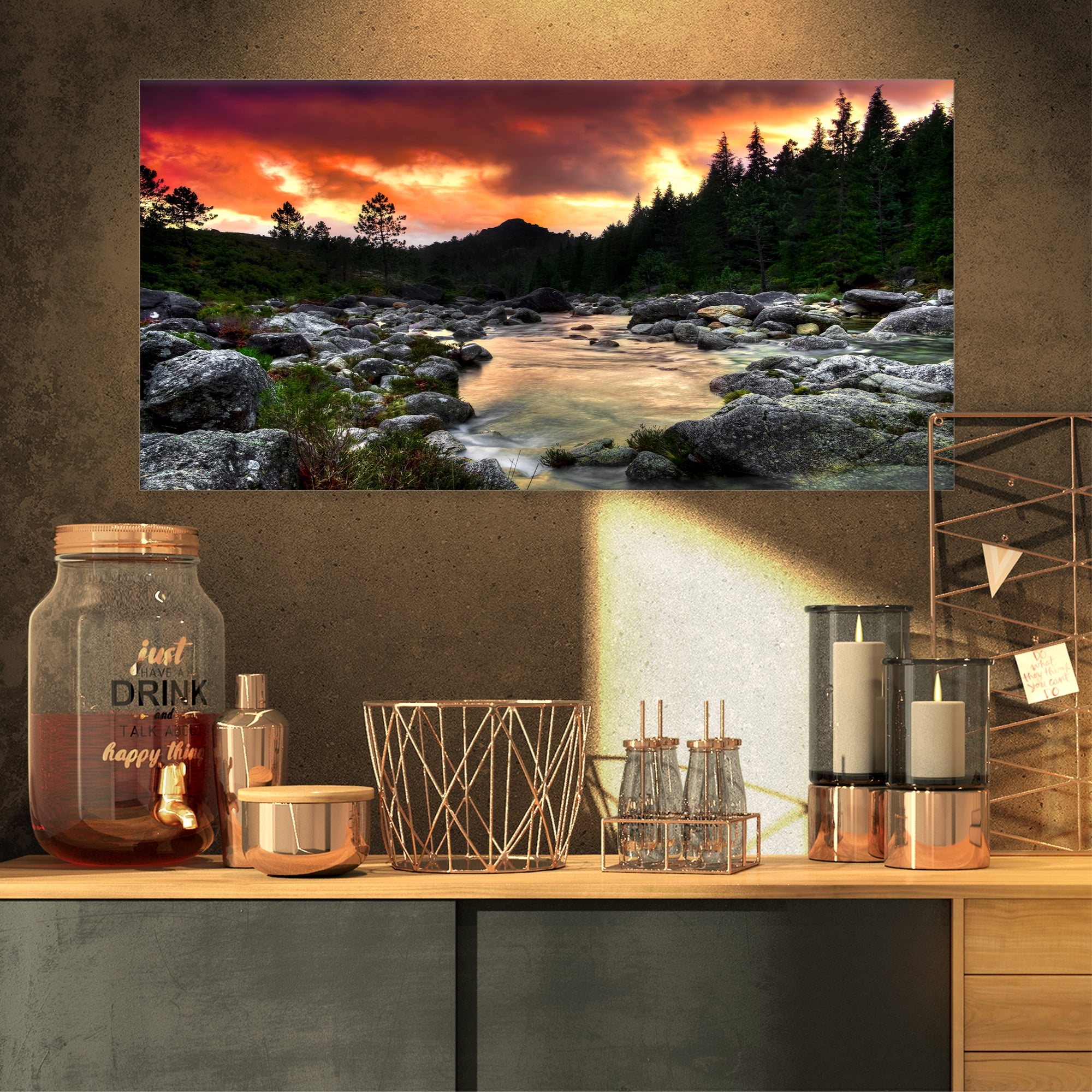 Designart 'Rocky Mountain River at Sunset ' Extra Large Wall Art Landscape