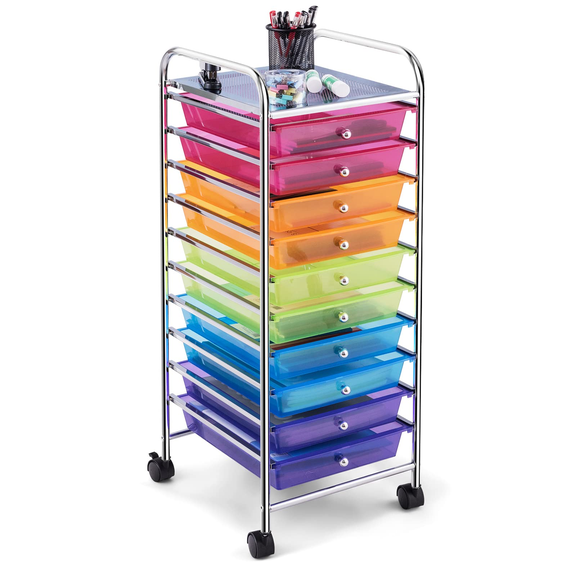 10‑Drawer Rolling Storage Cart, Rainbow Color, Mobile Organizer Trolley for Office and Craft Supplies