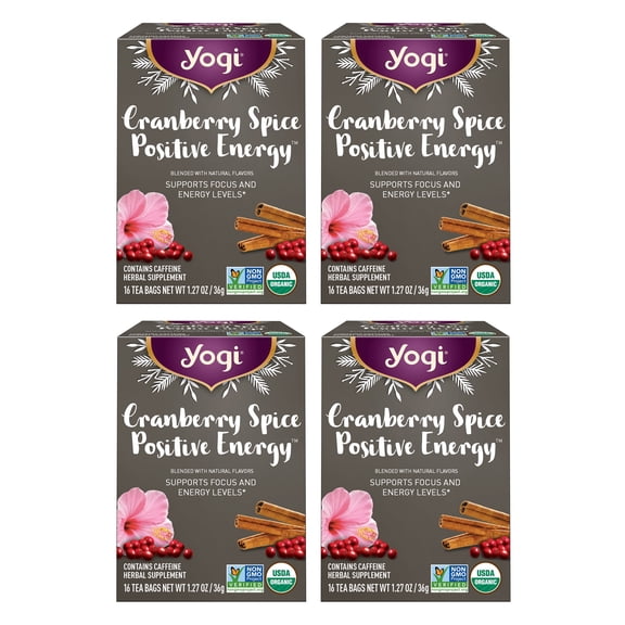 Yogi Tea Cranberry Spice Positive Energy - Organic Puerh Tea - Supports Focus & Energy - Caffeinated - Includes Cinnamon, Ginger & More - 16 Tea Bags per pack (4 packs)