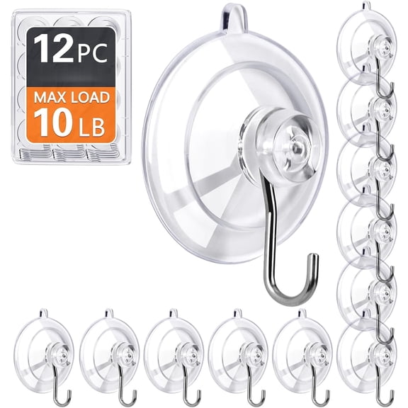 12Pack Suction Cup Hooks, 1.77Inch Clear Medium Suction Cups with 10LB Load, No Trace, Reusable and Removable, Stainless Steel Hooks, for Tile, Glass, Window, Shower, Kitchen, Bathroom