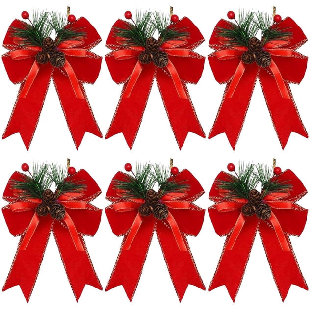 SLYNSHome 6 Pcs Décorations de Nœud de Noël, Nœuds de Noël à Carreaux Buffalo Rouges, Ornements de Nœud de Noël pour Couronnes de Vacances, Décoration de Fête