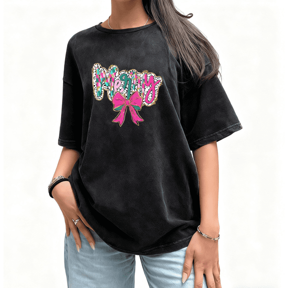 Women's Christmas T Shirt, Trendy Merry Leopard Pink Bow Graphic Tee S-3XL