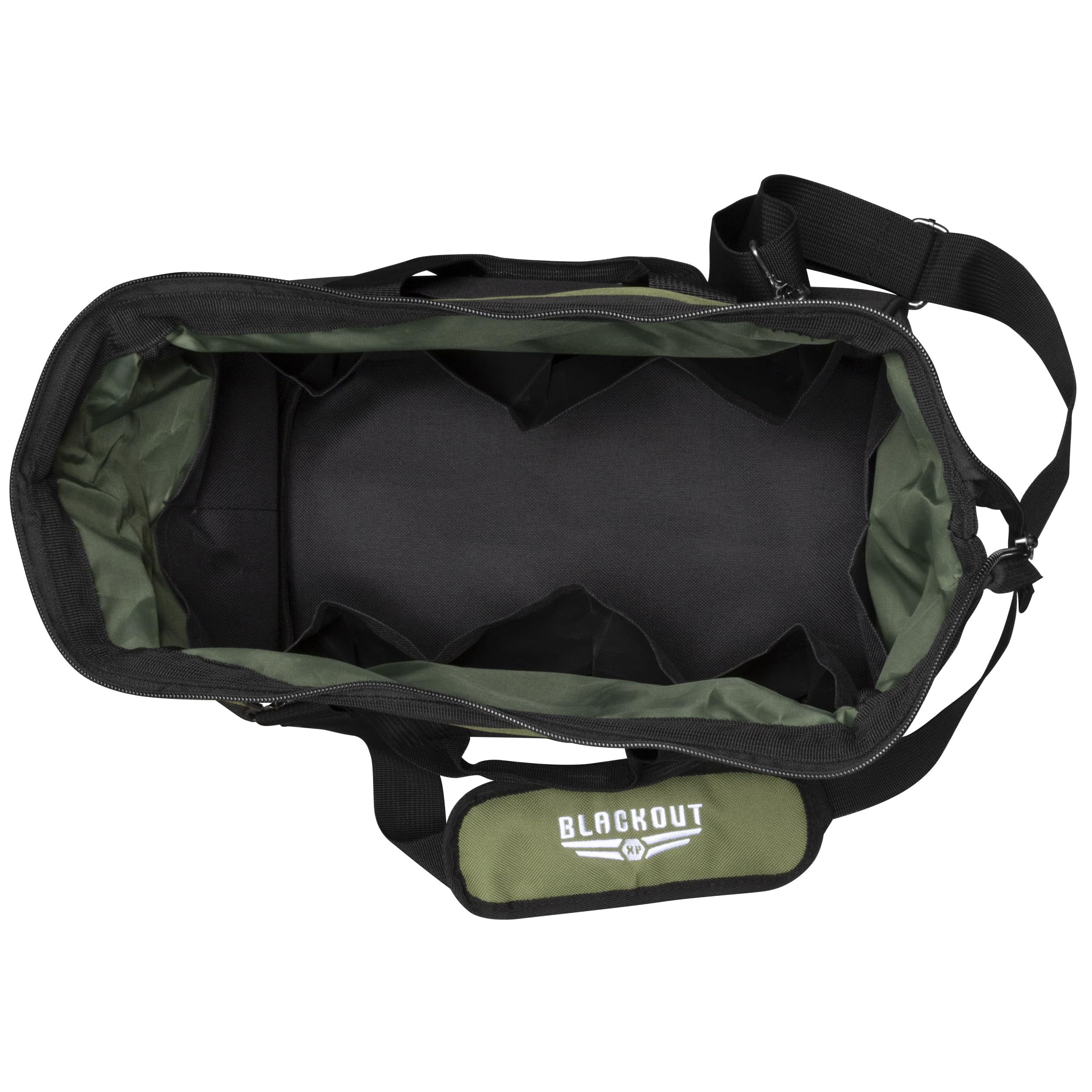 Blackout XP Tool Bag, Multi-pocket Tool Organizer with Adjustable Shoulder Strap, Green and Black