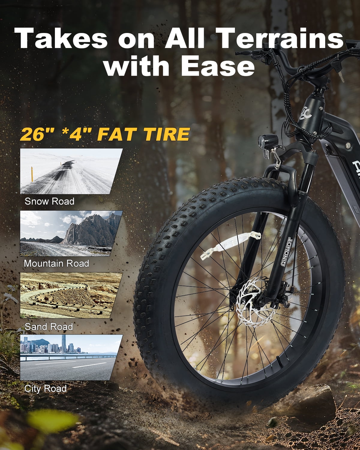 AINOHOT Terra Electric Bike for Adults 1000W Peak, 26" Fat Tire Electric Mountain Bike 48V 624WH Battery Ebike, UL2849