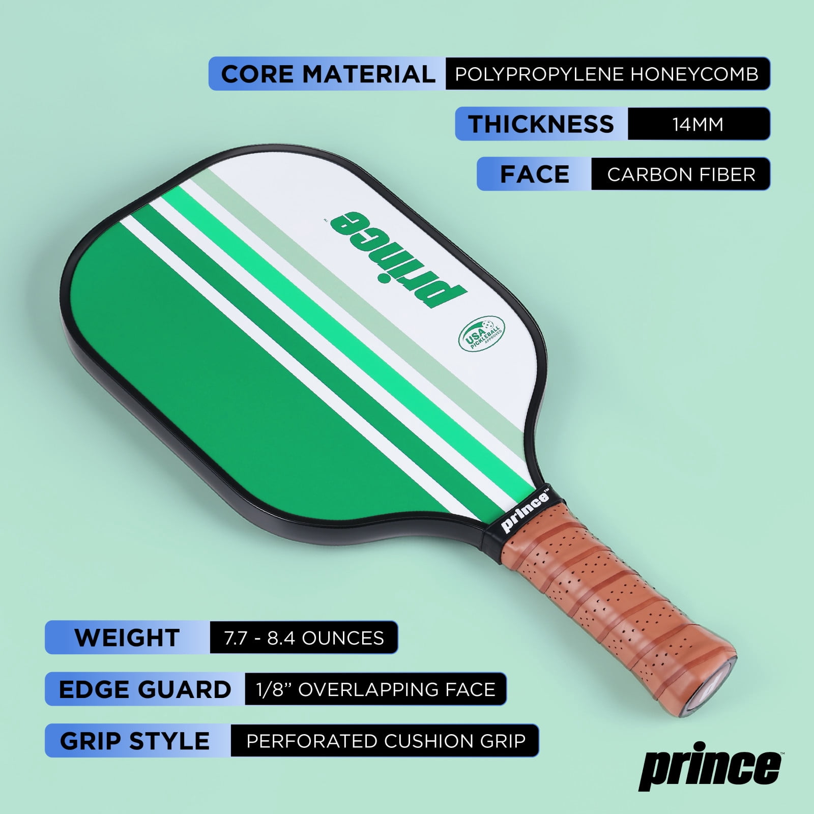 Prince Pickleball 5 Piece Fiberglass Paddle Set with Bonus Clear Backpack, Green Includes 2 Paddles, 2 Outdoor Pickleballs & Carry Bag