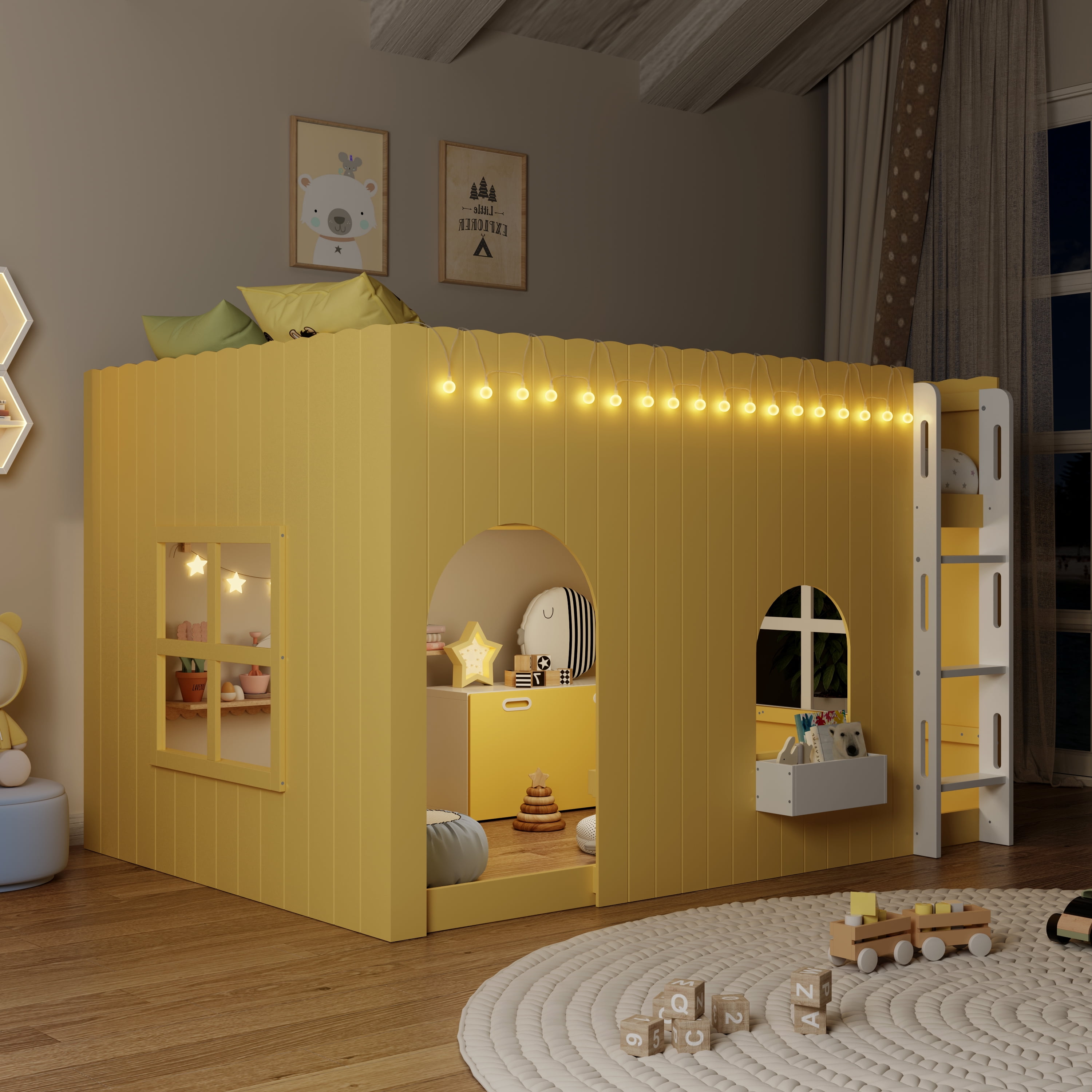 Mintazer Full House Loft Bed with LED Lights, Kids Playhouse Bed with Ladder, Yellow