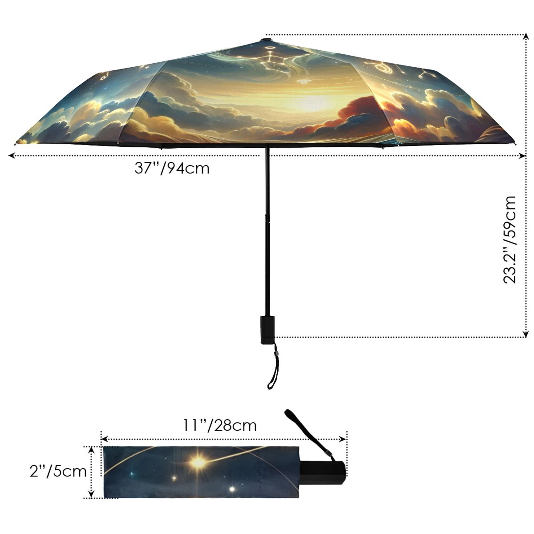 Twelve Zodiac Stars in Night Sky Compact Sun Umbrella Windproof Travel Umbrellas for Rain Strong Portable UV Protection