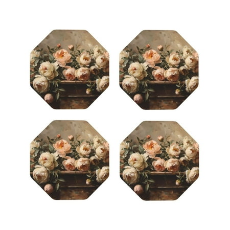 

Fuzoiu Vintage Peonies Rustic Charm Print Leather Coasters Set Drink Coasters Set of 4 for Tabletop Protection Durable PVC Coasters Home Décor and Housewarming Gift-Octagon
