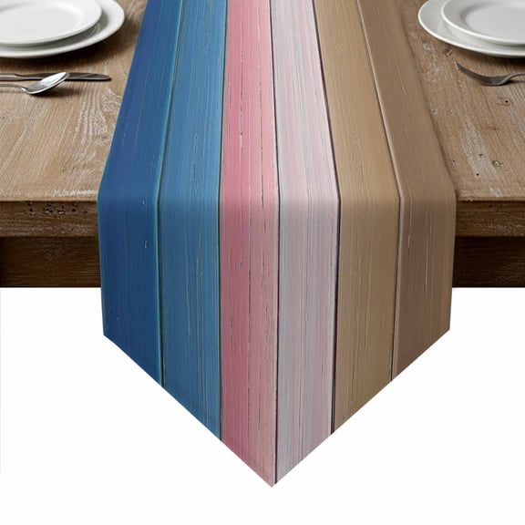 Blue Pink Brown Ombre Table Runner Linen Burlap Table Runner 120 Inches Long Vintage Farmhouse Wooden Dresser Scarves for Kitchen Island Coffee Dining Room Party Wedding Holiday Decoration 13"x120"