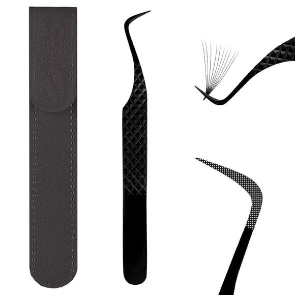 Pinzas de pestañas para extensiones de pestañas Pinzas de pestañas con punta de fibra Pinzas artesanales profesionales de precisión Acero japonés (pinzas curvas en S negras)