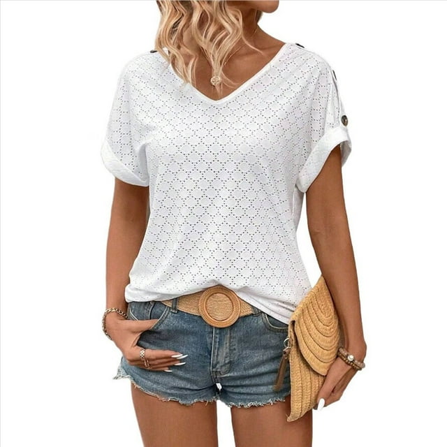 Camiseta con Bordado de Ojales para Mujer, Blusa Informal de Verano con Cuello en V, Blusa Holgada A , Color , Talla S