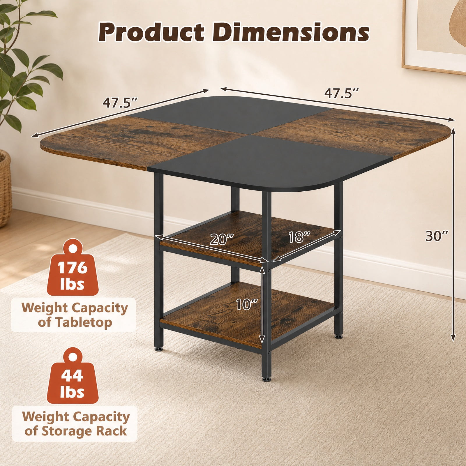 Furnibear 47.5 inch Modern Dining Table Square Kitchen Table with Mix-colored Tabletop for Kitchen Dining Room Breakfast Nook Small, Rustic Brown