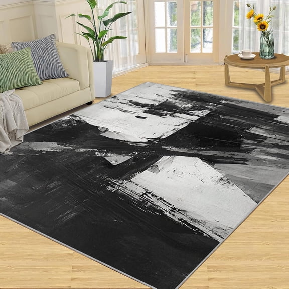 Black Gray Geometric Area Rug, Modern Abstract Washable Rug, Non Slip Low Pile Carpet for Living Room Bedroom Home Decor 3x4ft