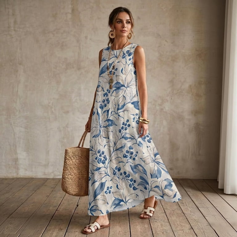 FKELYI Blue Watercolor Leaf Print Women's Maxi Dress for Summer Beach Tank Dress Faux Linen Casual Dresses with Pockets Flowy Sundress for Women Ladies Cruise, M