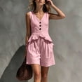 thumbnail image 4 of Trikvn 2 Piece Linen Sets for Women Summer Sleeveless V Neck Button Down Peplum Vests Tank Top and Pleated Shorts Matching Set Elegant Beach Casual Vacation Outfits, 4 of 5