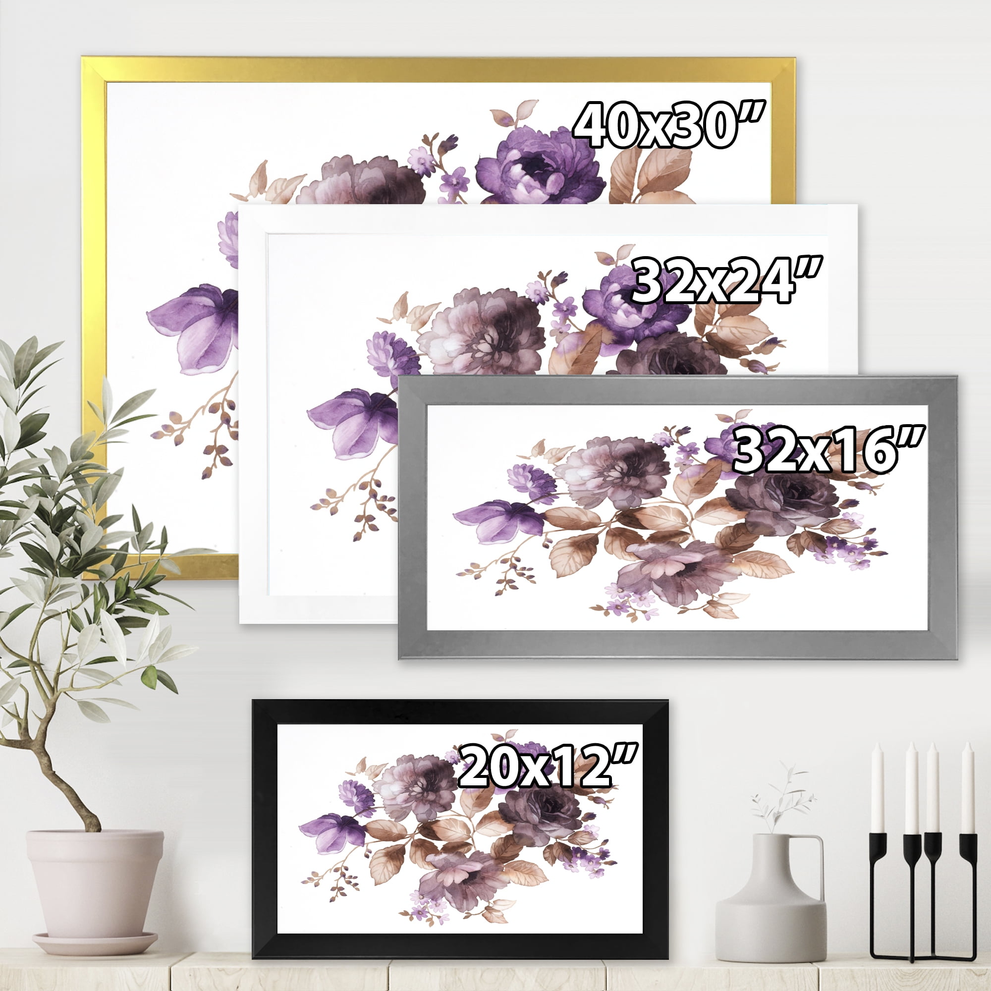 Designart 'Purple Retro Flowers With Brown Leaves On White' Traditional Framed Art Print