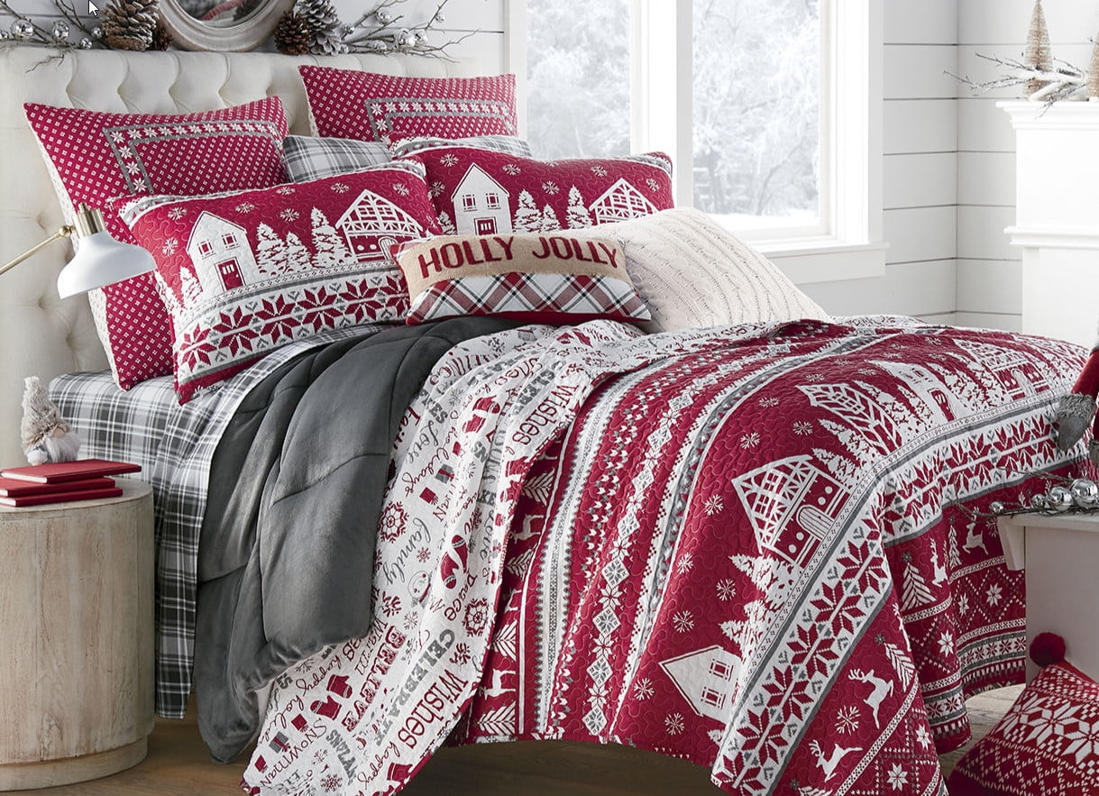Red & White Christmas Village, Reindeer, Holidays 100 Cotton Twin