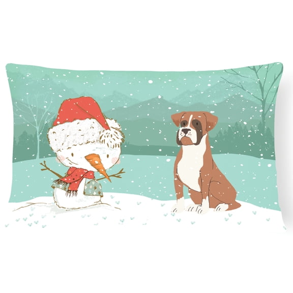 Carolines Treasures CK2036PW1216 Fawn Boxer and Snowman Christmas Canvas Fabric Decorative Pillow  12H x16W multicolor