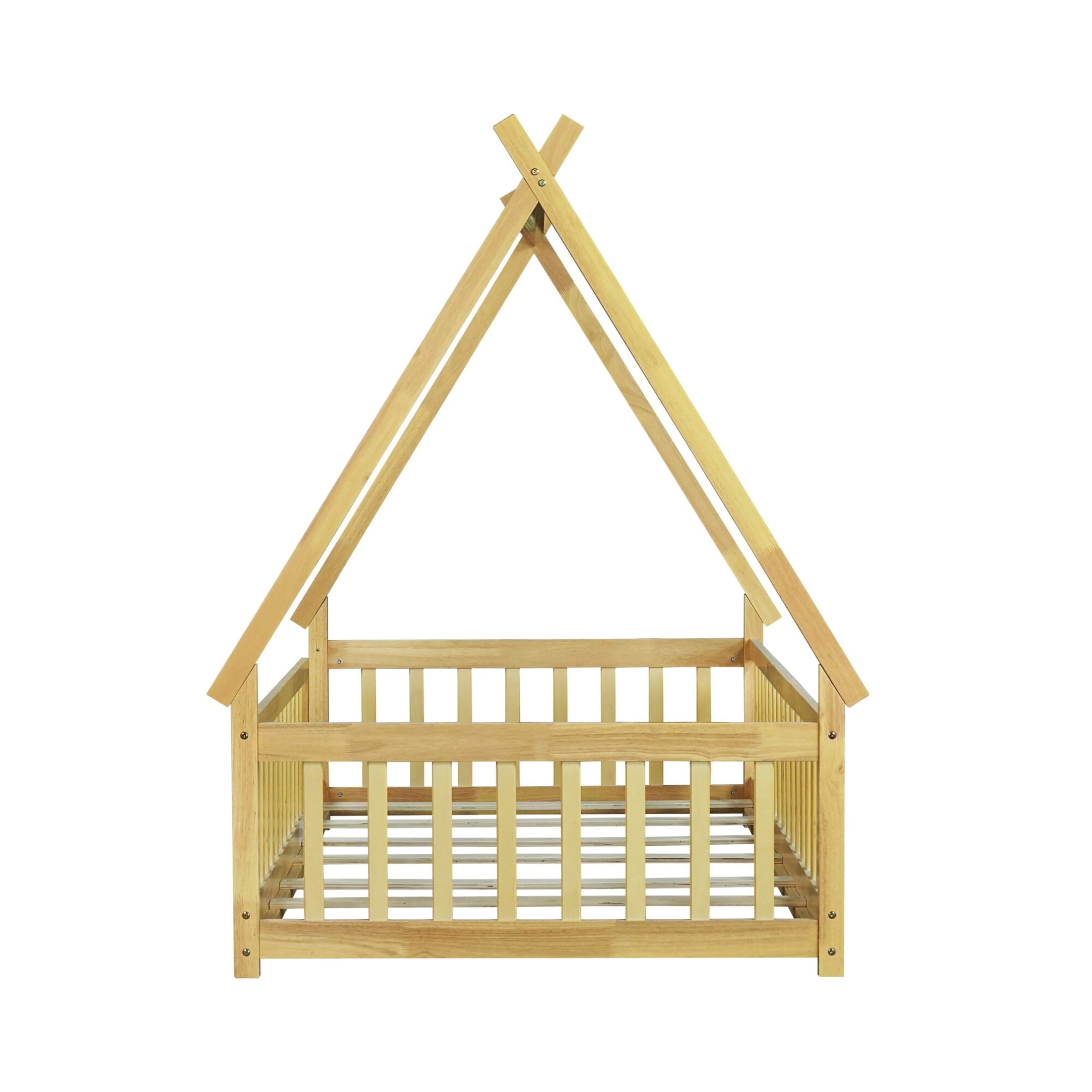 Noble House Misty Twin Teepee Floor Bed with Safety Fence, Solid Rubber Wood Tent Bed, Kid's Room, Natural