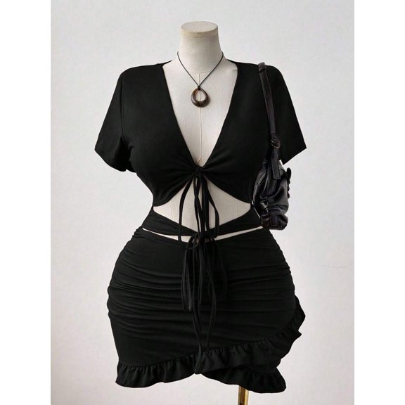 Plus Size Black V-Neck Tie-Up Ruched Waist Hollow Out Bodycon Dress