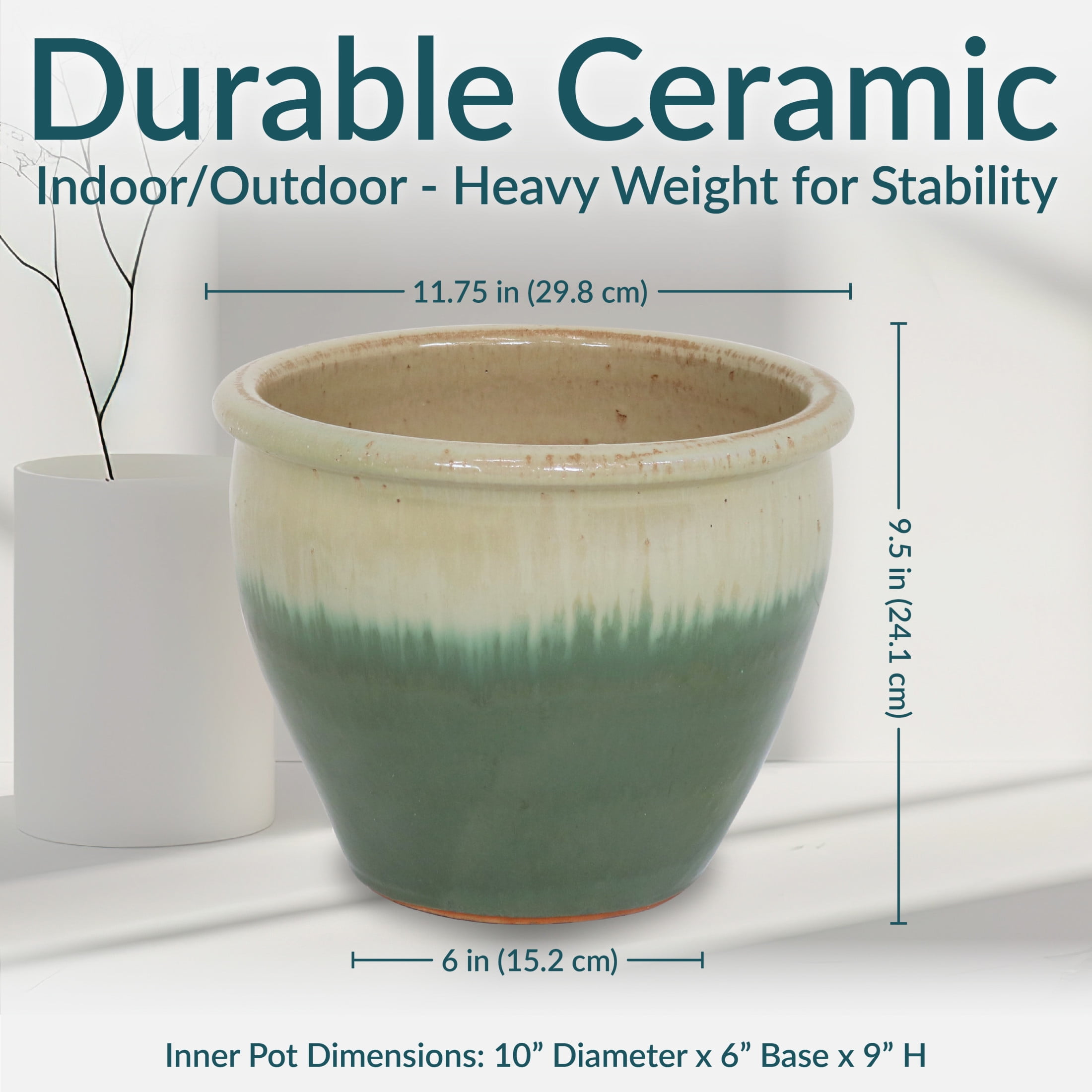 Sunnydaze Chalet 11.75" x 11.75" x 9.5" Round Seafoam Ceramic Outdoor Planter 2-Count