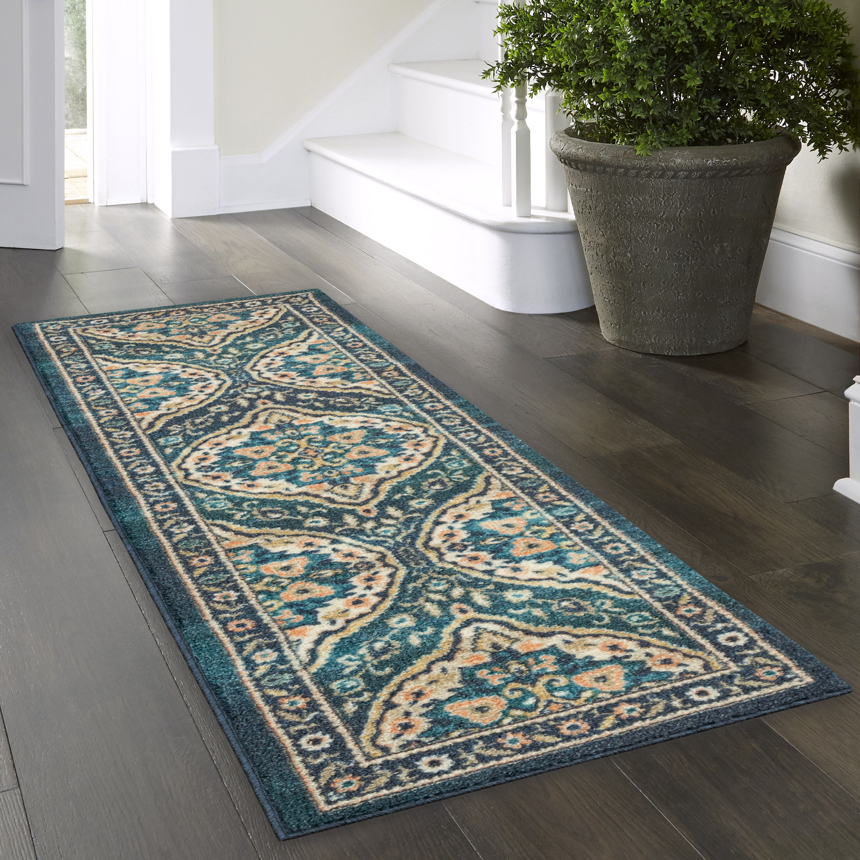 Terracotta Blue Persian Style Traditional Rug Non Slip Machine Washable  Stain Resistant Living Room Bedroom Kitchen Mat Hallway Runner Rugs 