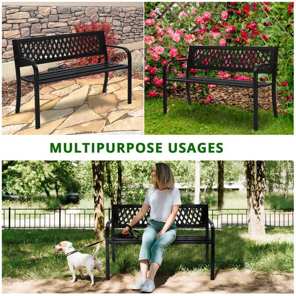 47in PVC Mesh Backrest Outdoor Iron Bench for Garden Patio Black