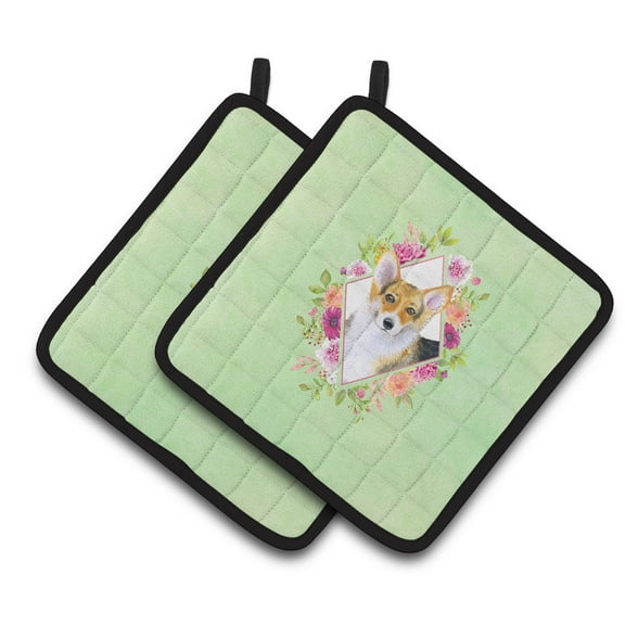 Corgi Green Flowers Pair of Pot Holders