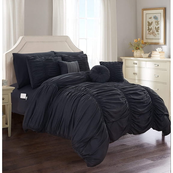 Celine Linen 10-PIECE Bed-in-a-Bag Pleated Comforter Set, Ruched Ruffle Comforter Set Includes Bed Sheet Set with Double Sided Storage Pockets, King/Cal King, Black