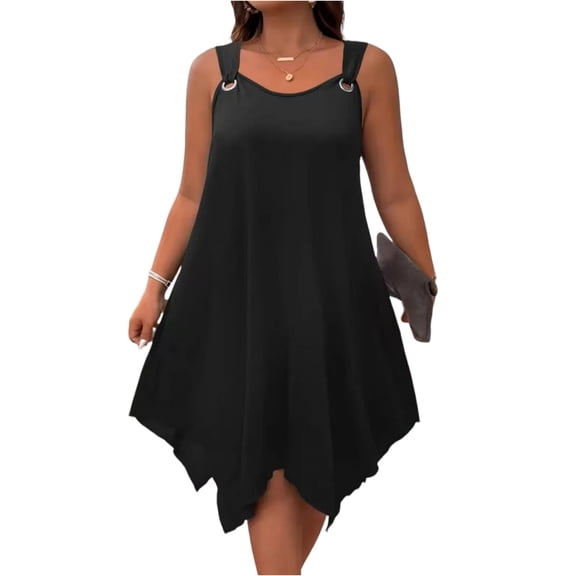 LWavelet Women's Plus Size Sleeveless Dress Spaghetti Strap Asymmetrical Hem Casual Loose Dress Black XL