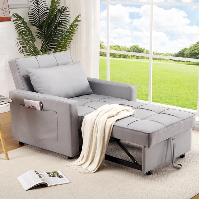 Sofá Cama Convertible 3 en 1 – Respaldo Ajustable – Tamaño Individual – Lino – Ahorra Espacio – 86x192 cm – Sala, Dormitorio o Apartamento – Gris Claro