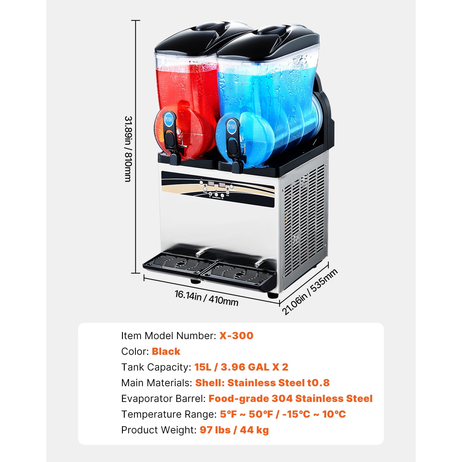 KFFKFF Commercial Frozen Drink Machine, 15Lx2 Dual Tank Slush Maker, Stainless Steel Smoothie and Margarita Machine for Parties, Restaurants, Cafes, and Bars