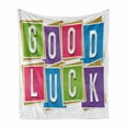 thumbnail image 1 of Going Away Party Soft Flannel Fleece Throw Blanket, Colorful Vibrant Blocks with Letters Saying Luck Modern Artwork Print, Cozy Plush for Indoor and Outdoor Use, 50" x 70", Multicolor, by Ambesonne, 1 of 6