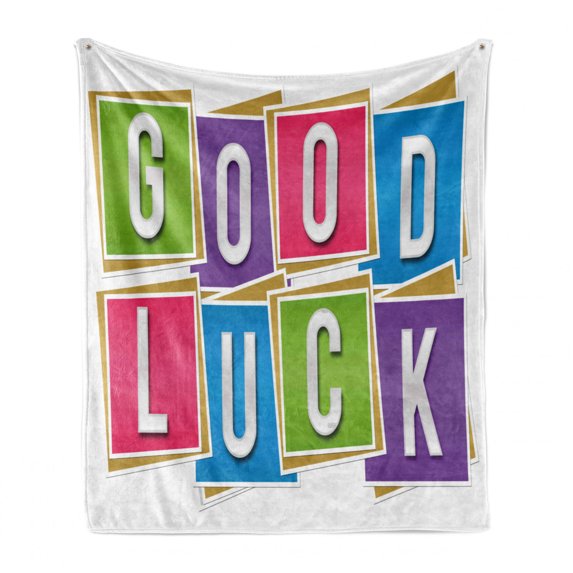 Going Away Party Soft Flannel Fleece Throw Blanket, Colorful Vibrant Blocks with Letters Saying Luck Modern Artwork Print, Cozy Plush for Indoor and Outdoor Use, 50" x 70", Multicolor, by Ambesonne