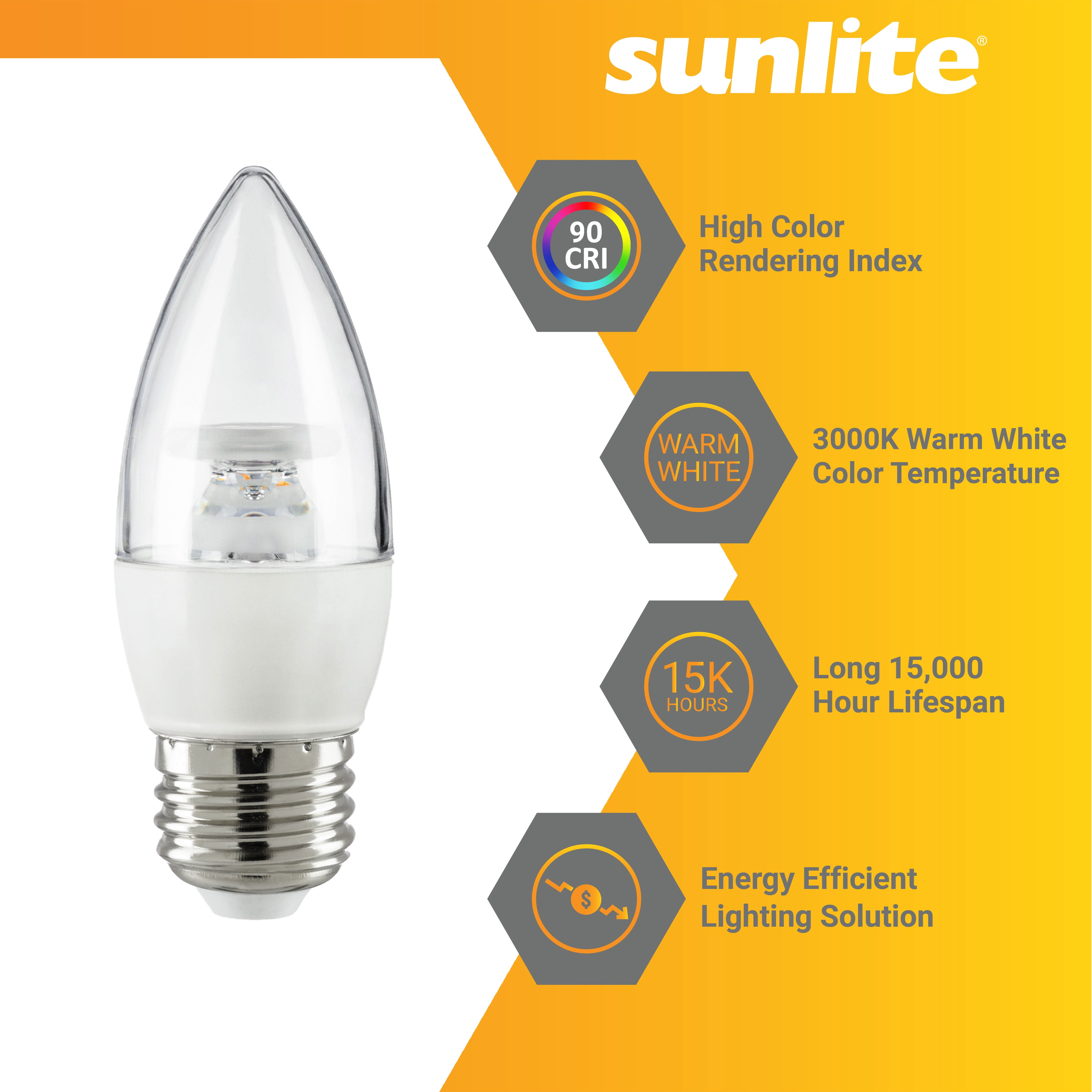 Sunlite LED B13 Decorative Chandelier Light Bulb, 7 Watts (60W=), 500 Lumens, 120 Volts, Dimmable, E26 Base, 90 CRI, ETL Listed, Torpedo Clear, Title-20, 3000K Warm White, 6 Pack