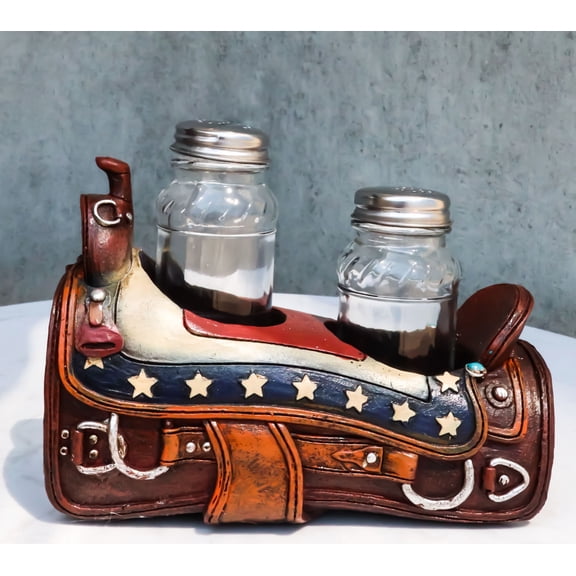 Country Western Cowboy Horse Saddle American Flag Salt Pepper Shakers Holder