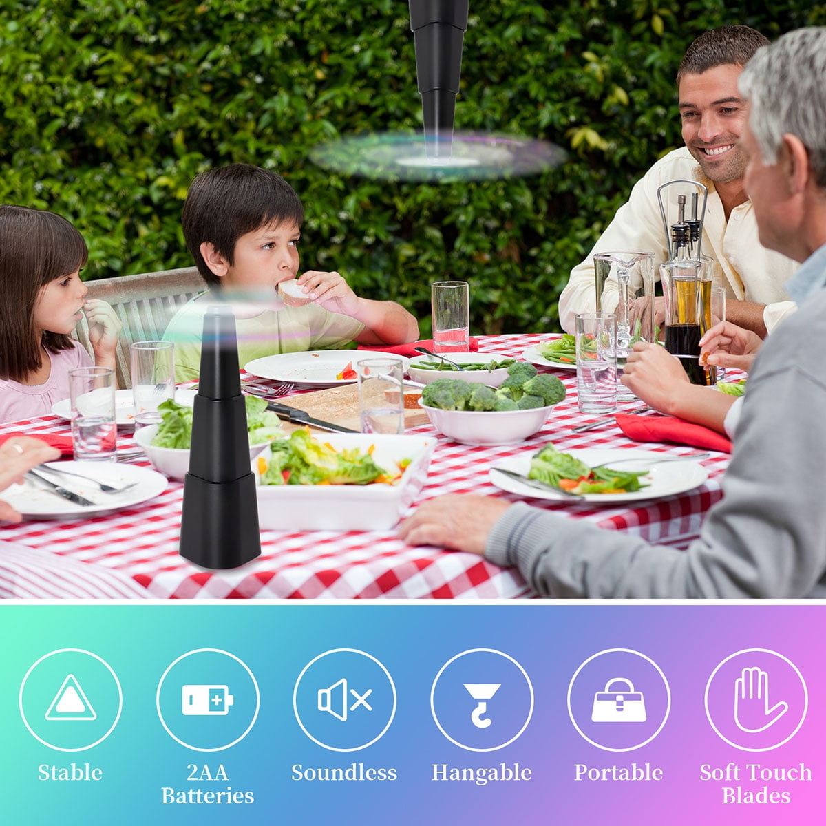 Fly Fans for Tables, 4 Packs Indoor Outdoor Fan Portable with Holographic Blades and Hooks, Batteries Powered Table Fan for Picnic, Party, Restaurant, Kitchen and BBQ