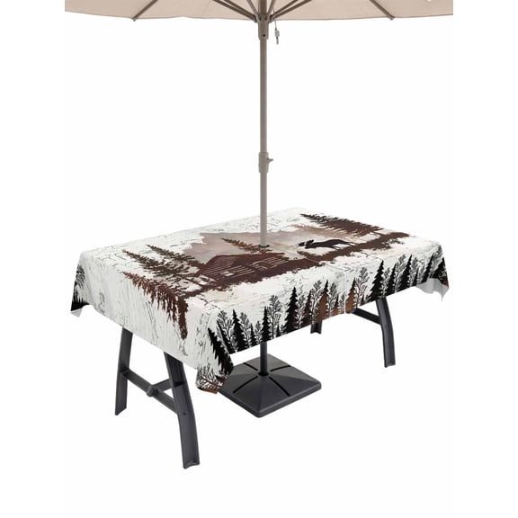 Outdoor Tablecloth with Umbrella Hole for Patio/Picnic/Party/Camping, Cabin Elk Forest Waterproof Table Cloth Rectangle Table Cover Washable, Farmhouse Pine Tree Beige Vintage (60"x 84")